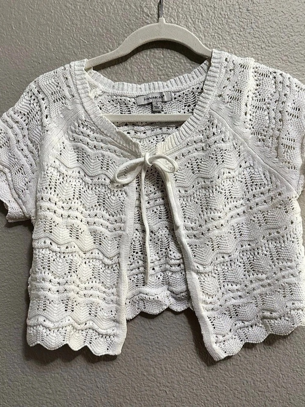 Francesca’s Crochet Knit Tie-Front Sweater in White Small Like New